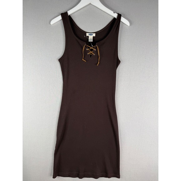 Old Navy Dresses & Skirts - Y2K Old Navy Dress Womens M Brown Ribbed Leather Lace Up Tank 90s‎ Western